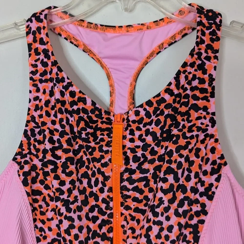 Fabletics Neon Leopard Zip-Front Racerback Shaping Swim Top & 5